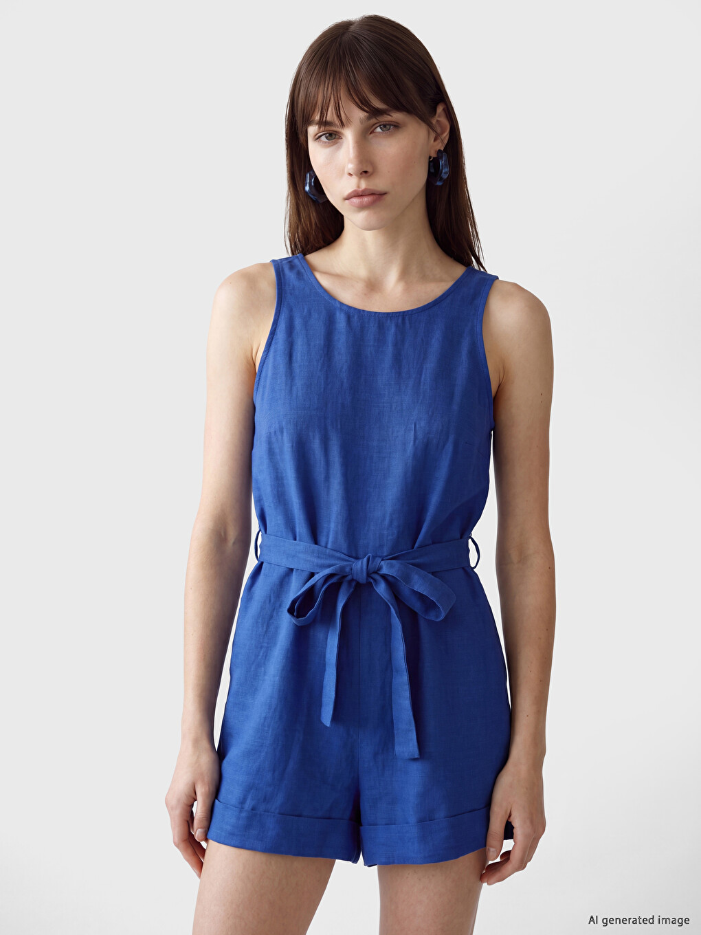 Women's Linen Blend Sash Waist Short Jumpsuit-1