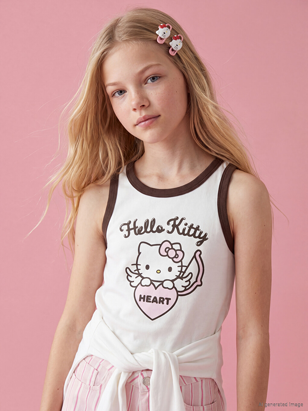 Ekru Bisiklet Yaka Hello Kitty Baskılı Kız Çocuk Atlet