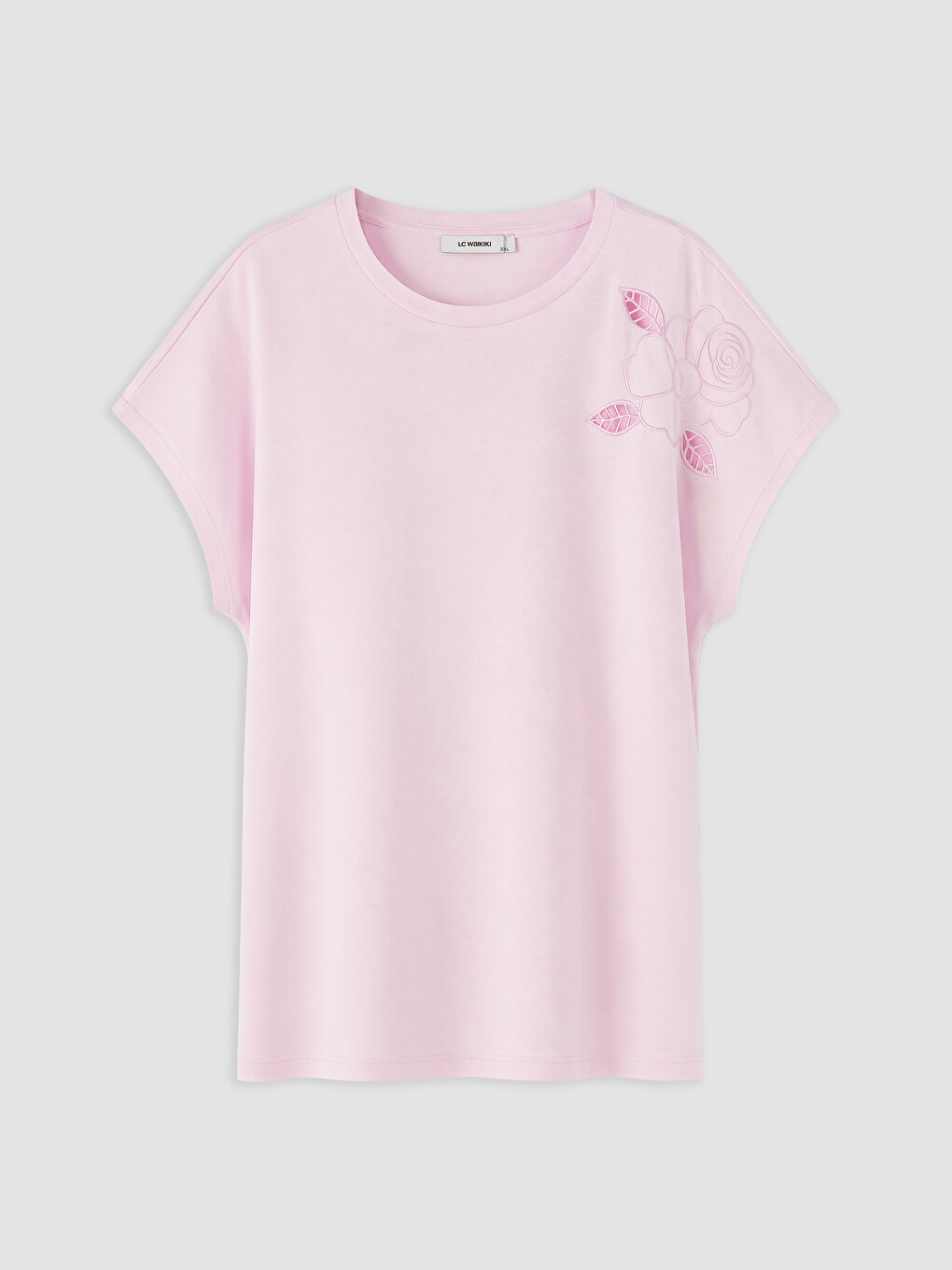 Pembe Büyük Beden %100 Pamuklu Nakışlı Kadın Tişört