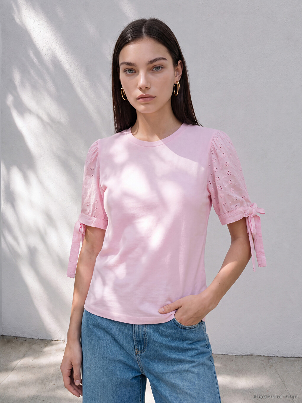 Pembe Brode Kollu Bağcık Detaylı Bluz