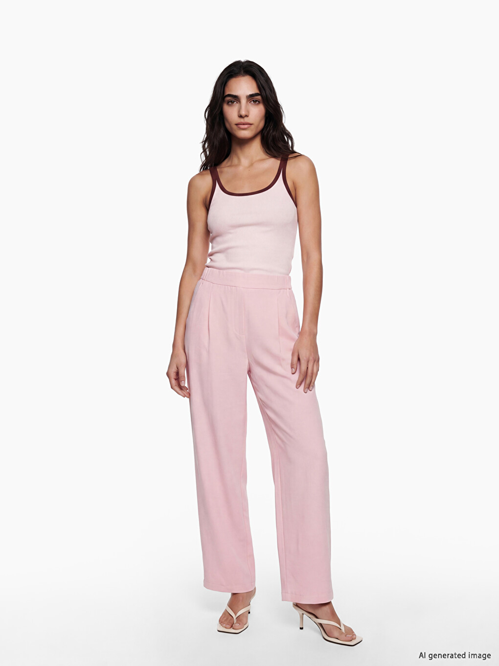 Pembe Keten Karışımlı Pileli Kadın Pantolon