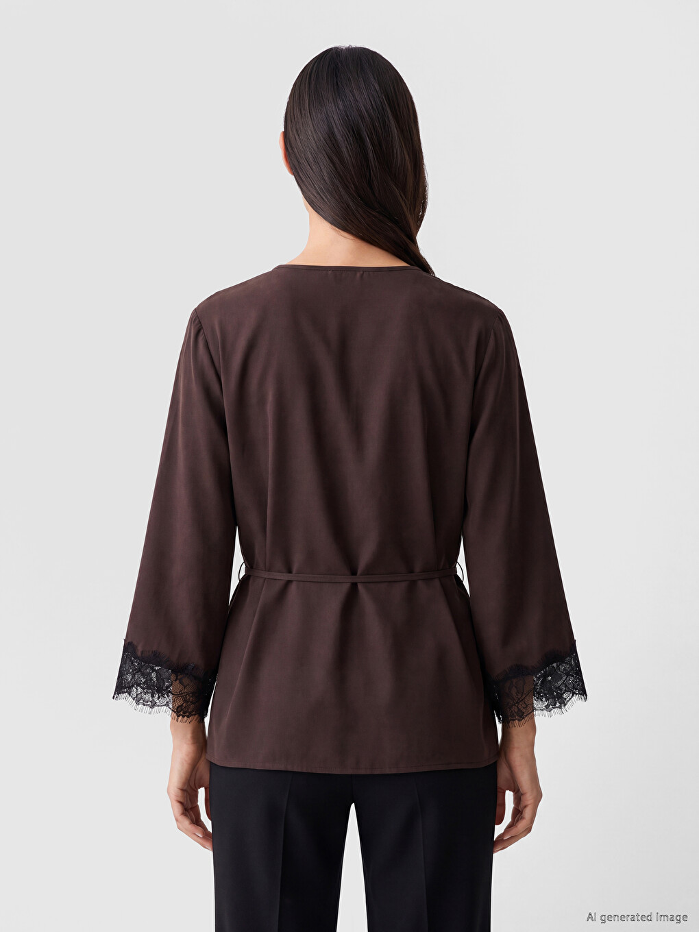 Kahverengi Dantel Detaylı Modal Karışımlı Kadın Kimono-3