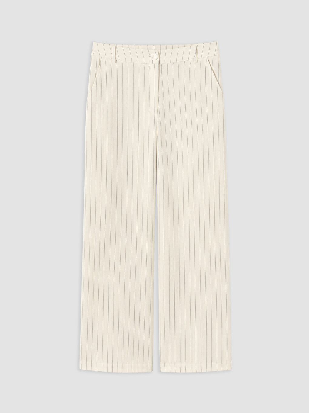 Bej Loose Fit Çizgili Geniş Paça Kadın Pantolon