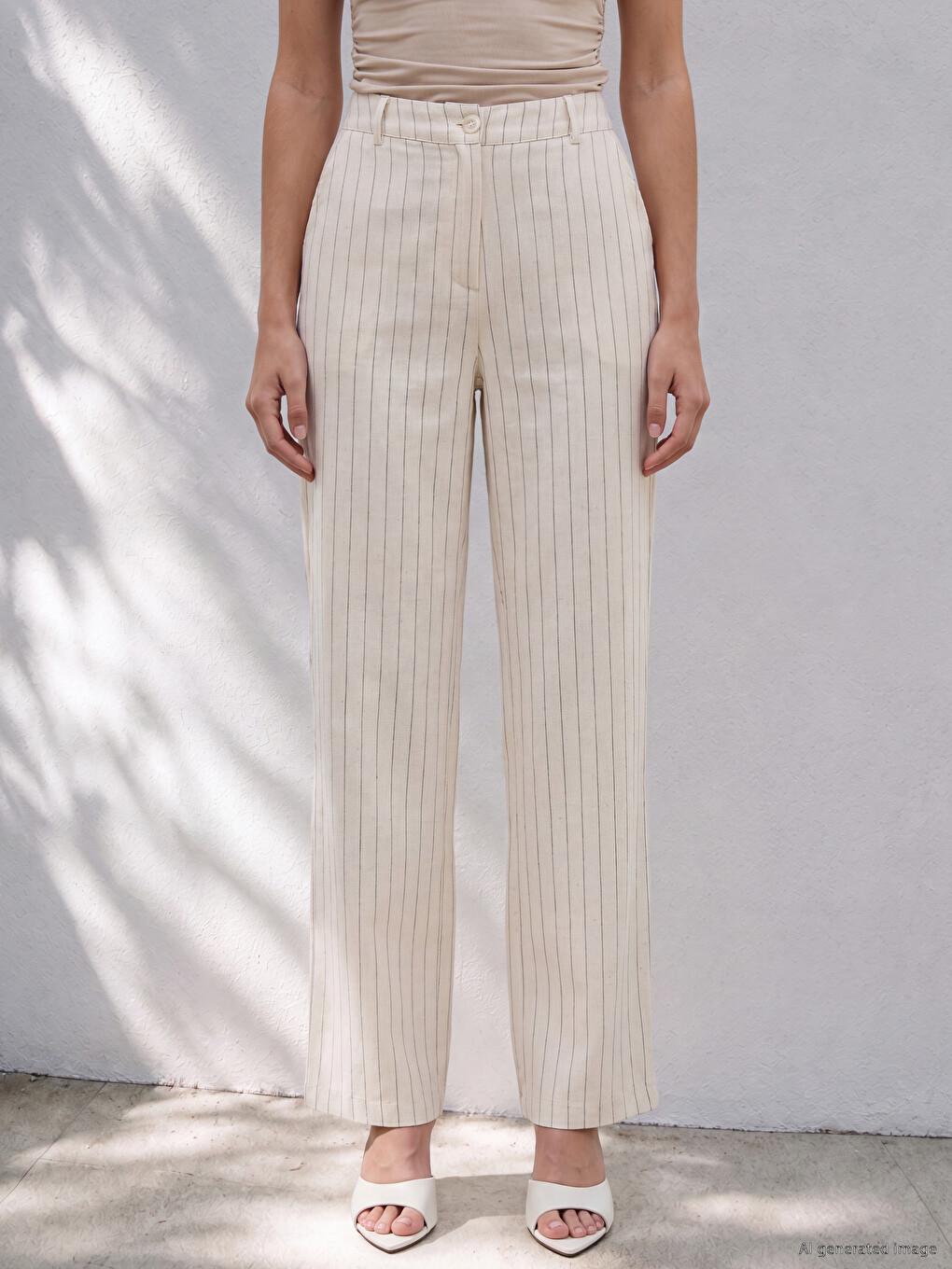 Bej Loose Fit Çizgili Geniş Paça Kadın Pantolon-1