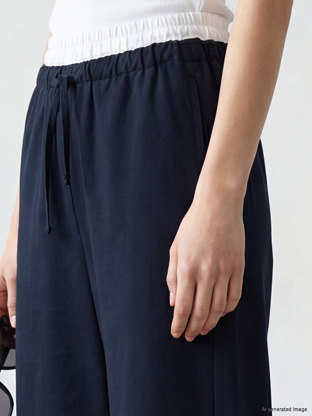 Lacivert Beli Lastikli Geniş Paça Kadın Pantolon-2