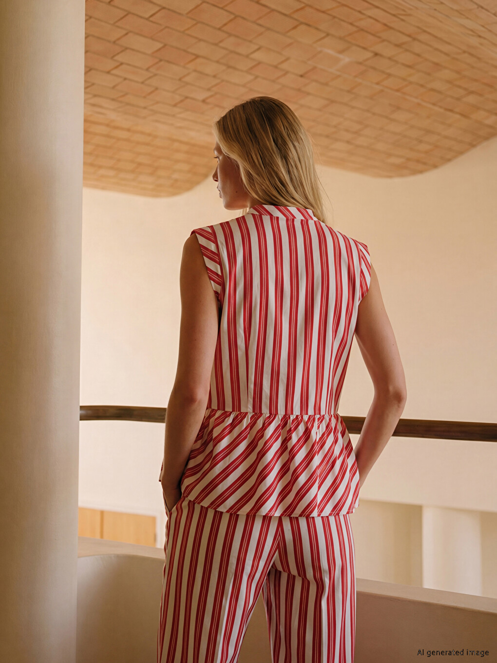 Kırmızı Hakim Yaka Çizgili Peplum Bluz-3