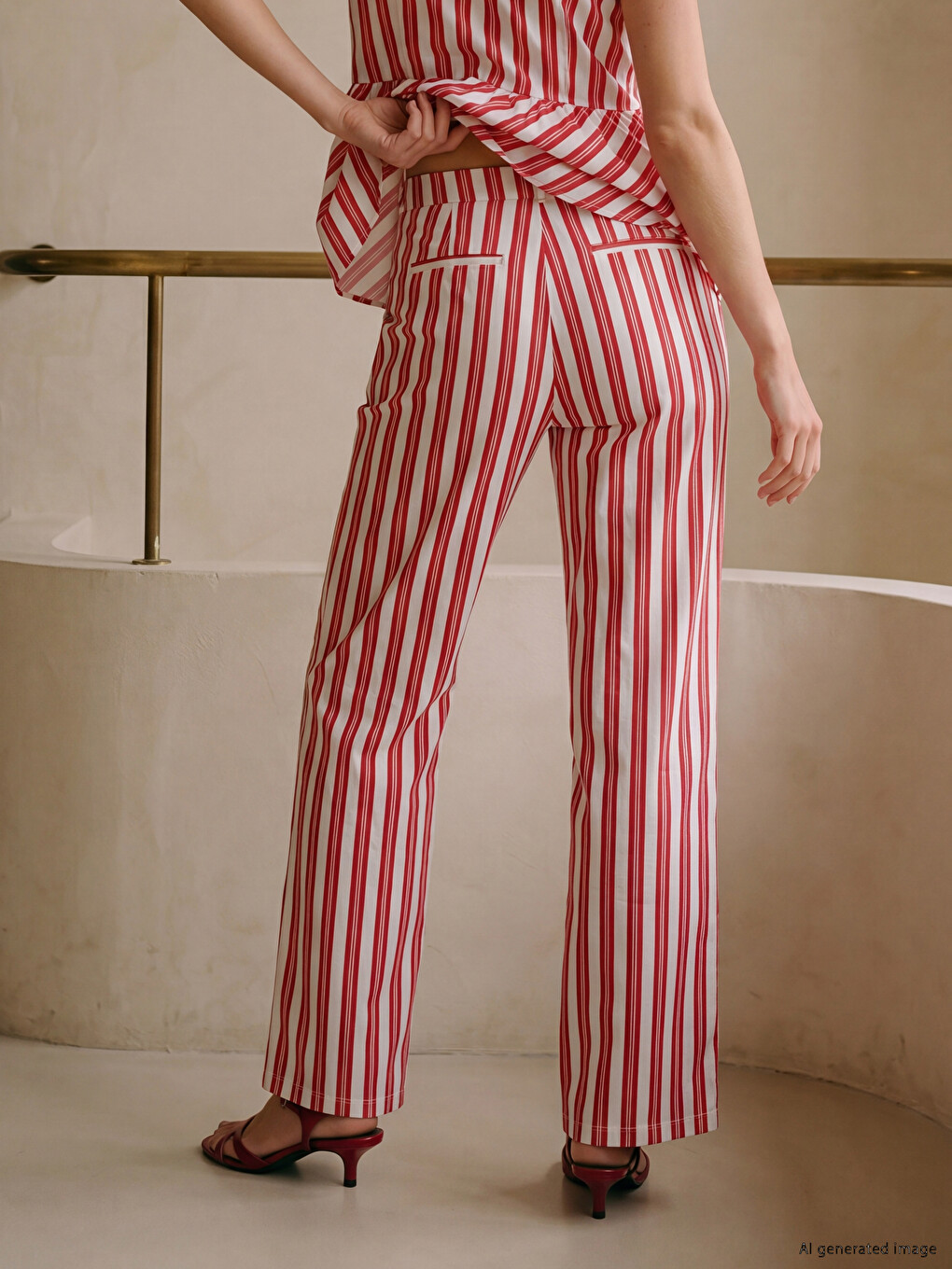 Kırmızı Çizgili Poplin Kadın Pantolon-3