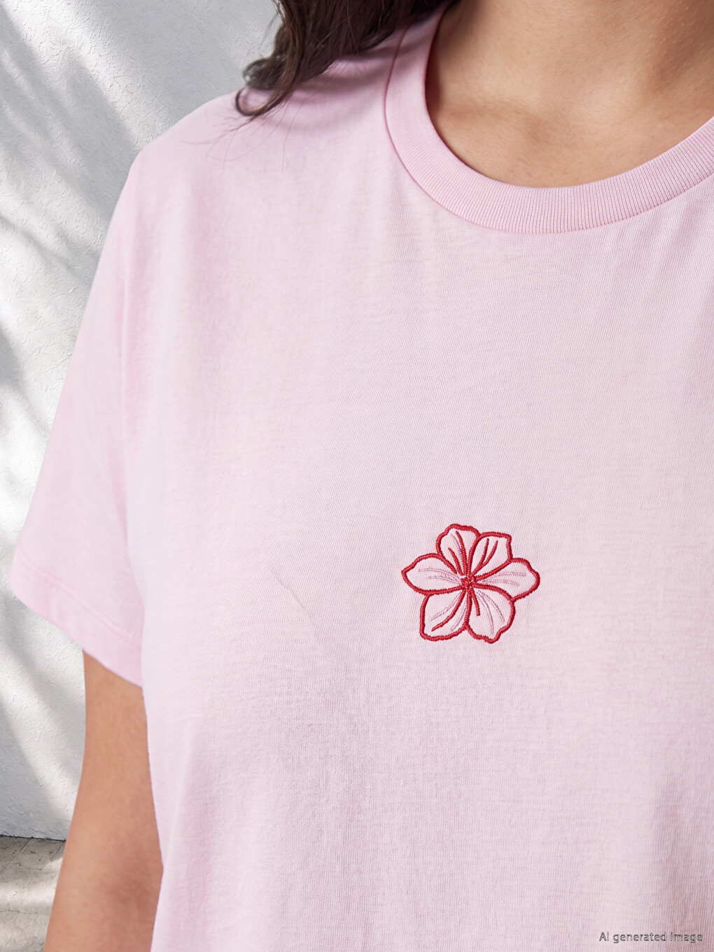 Flower Embroidered 100% Cotton Women's T-shirt-2