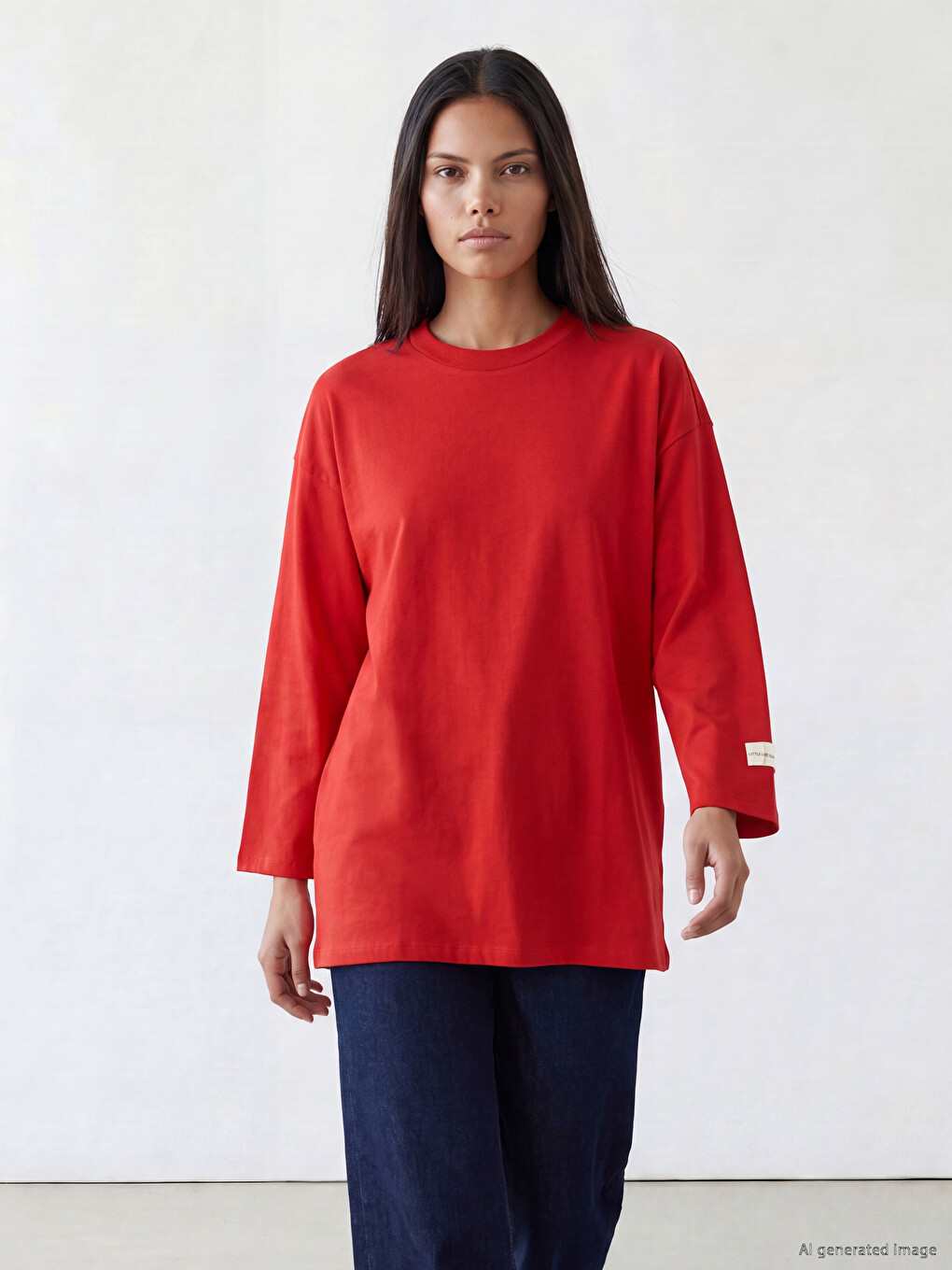 Kırmızı Bisiklet Yaka Kadın Sweatshirt Tunik