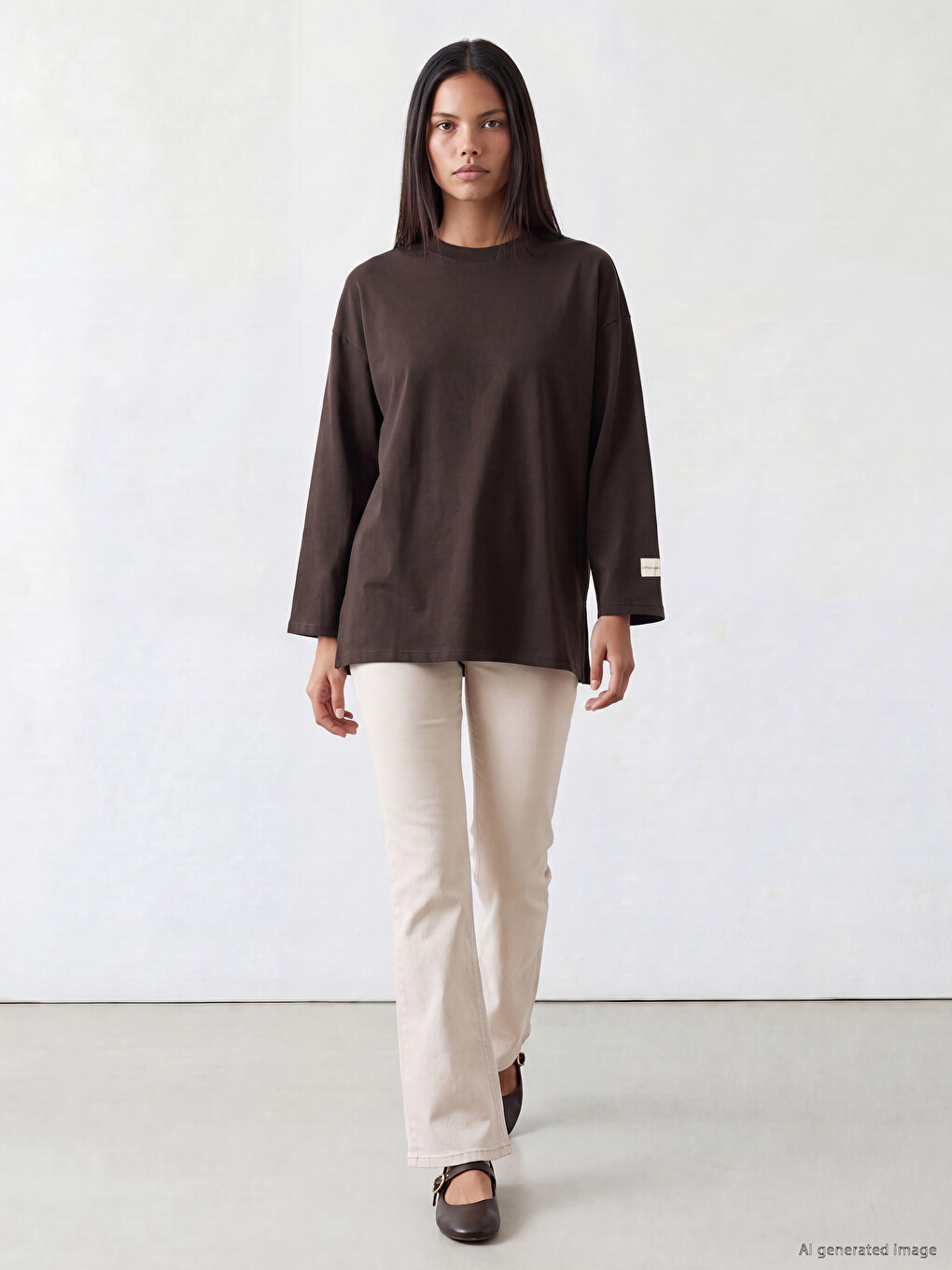 Kahverengi Bisiklet Yaka Kadın Sweatshirt Tunik-1