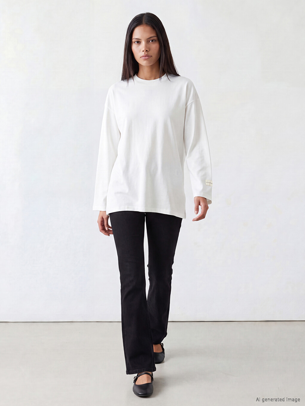 Beyaz Bisiklet Yaka Kadın Sweatshirt Tunik-1