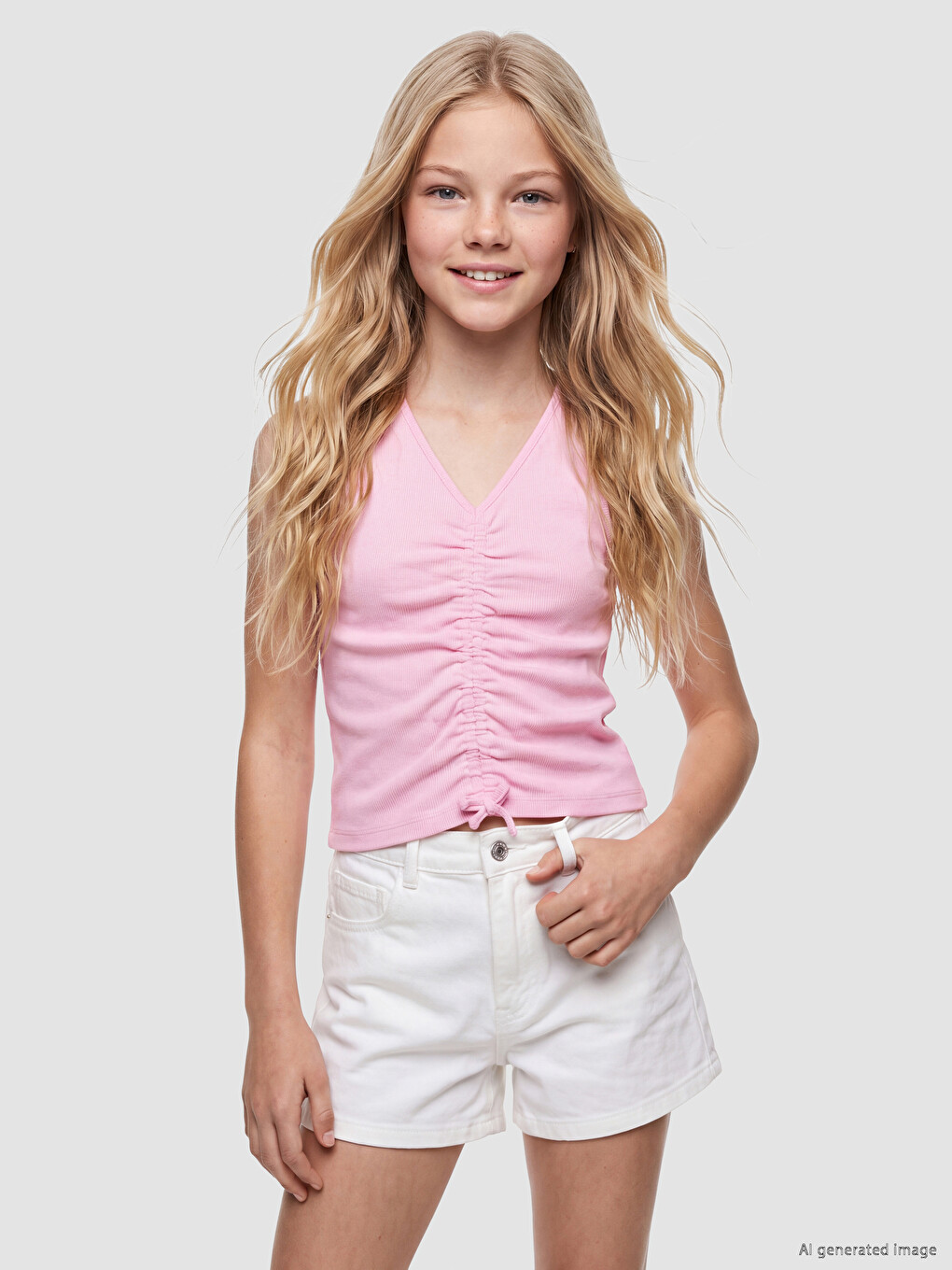 V Neck Ruched Girls' Tank Top-1