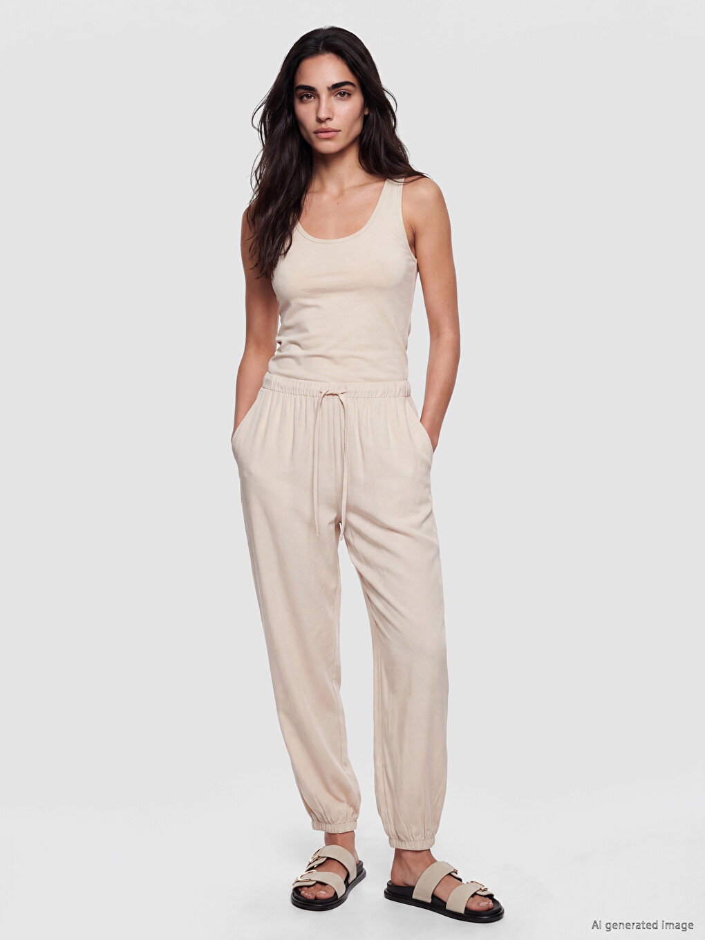 Bej Beli Lastikli Kadın Jogger Pantolon