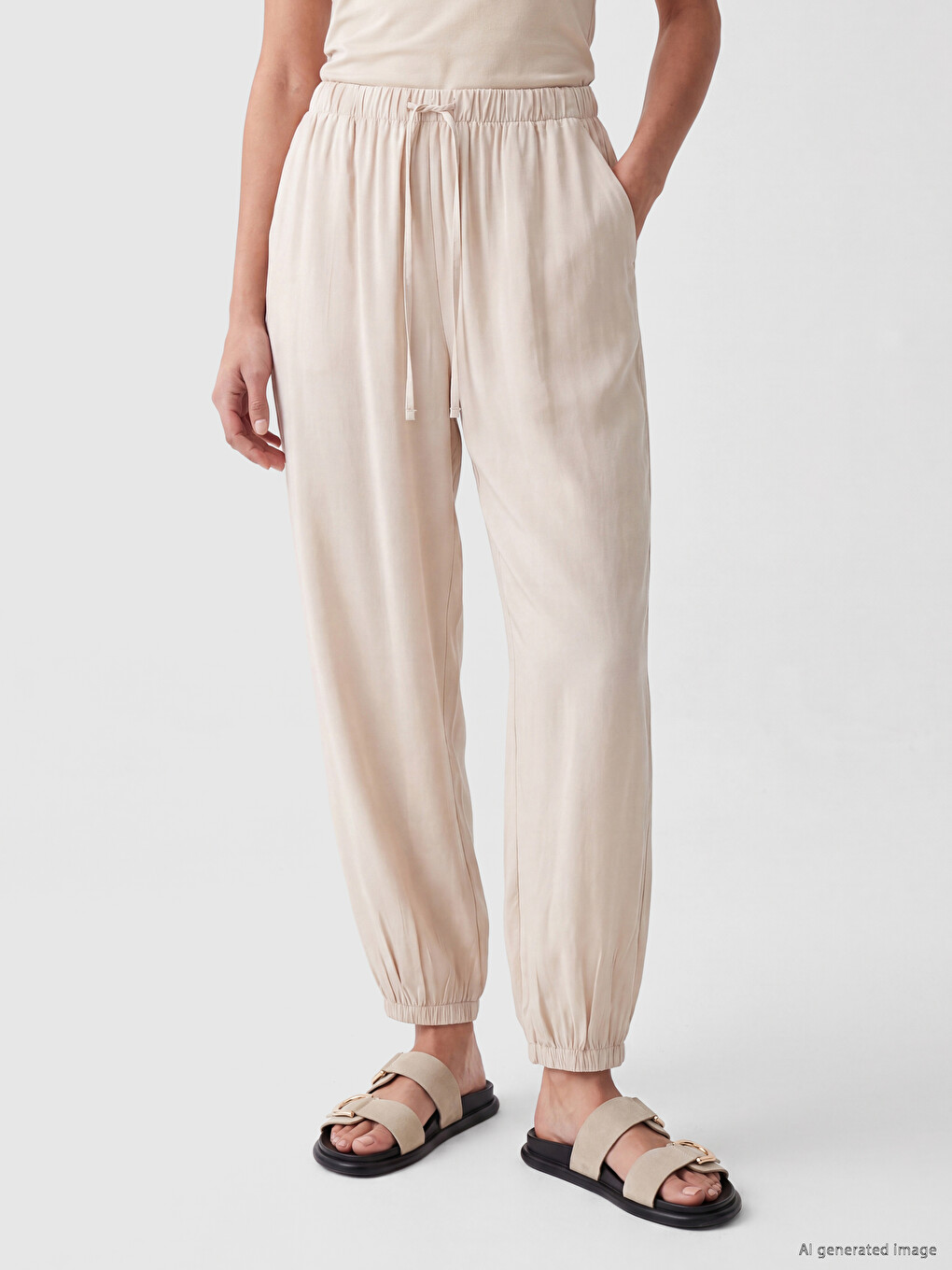 Bej Beli Lastikli Kadın Jogger Pantolon-1