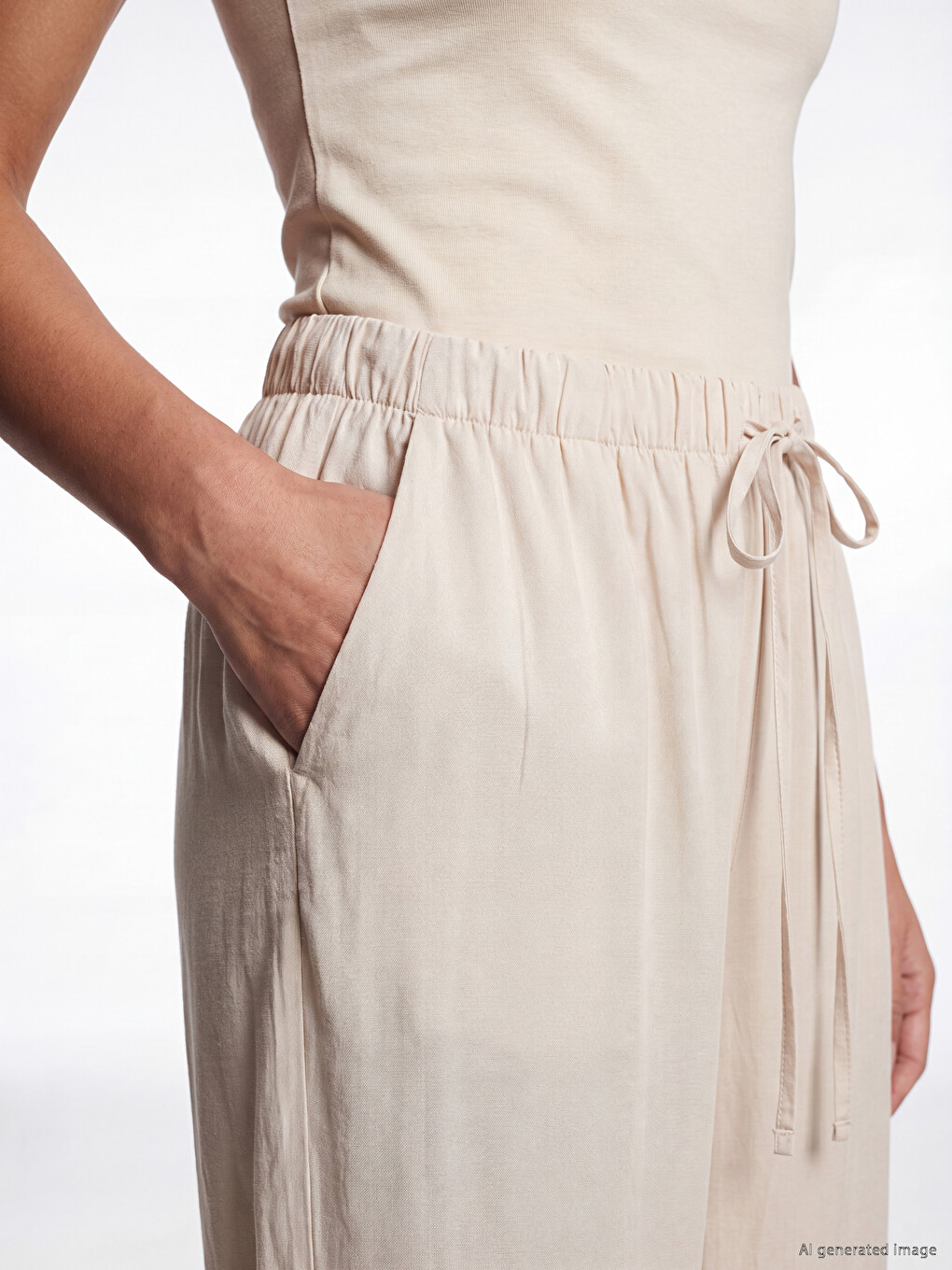 Bej Beli Lastikli Kadın Jogger Pantolon-2