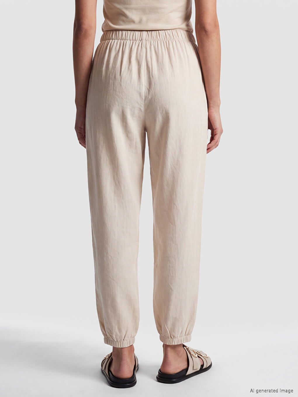 Bej Beli Lastikli Kadın Jogger Pantolon-3