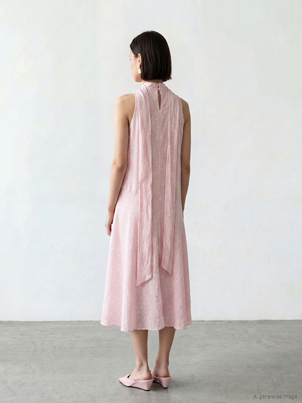Pembe Dik Yaka Puantiyeli Elbise-3