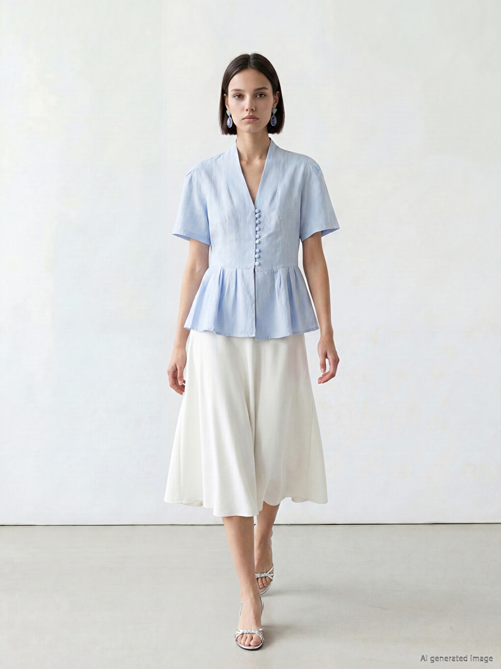 Mavi V Yaka Peplum Bluz-1
