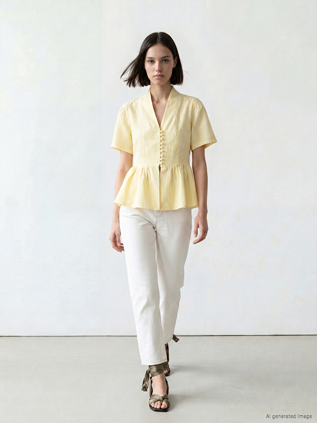 Mavi V Yaka Peplum Bluz-1