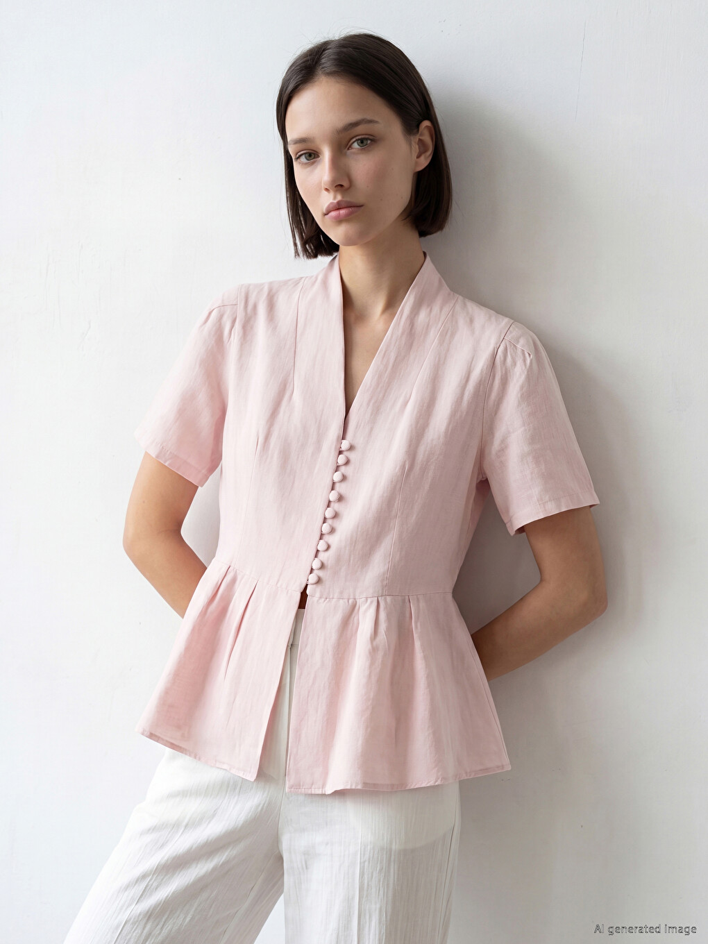 Pembe V Yaka Peplum Bluz