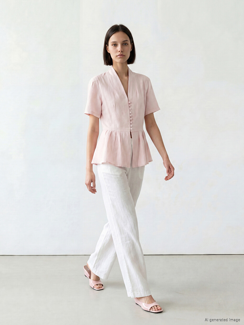 Pembe V Yaka Peplum Bluz-1