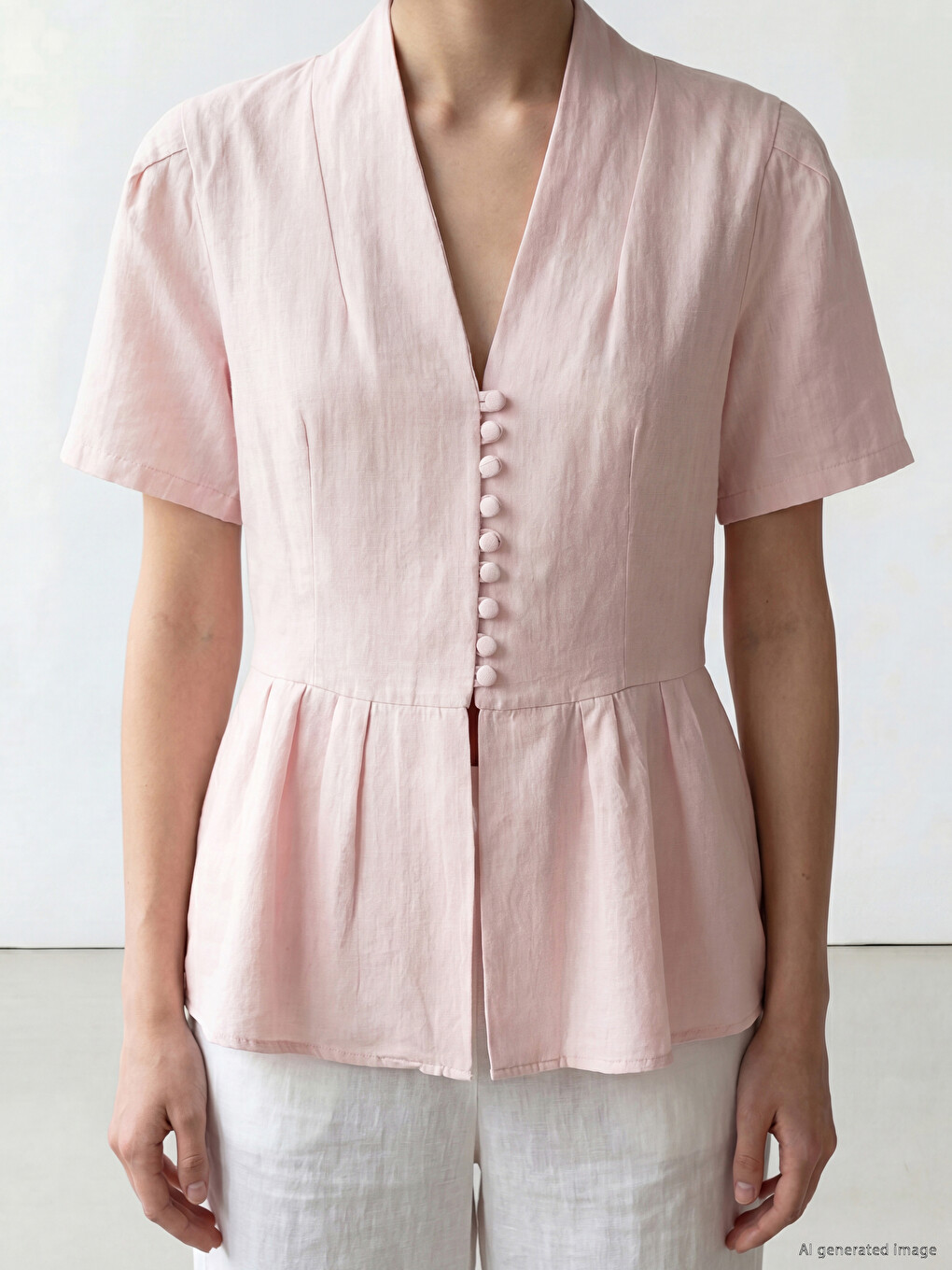 Pembe V Yaka Peplum Bluz-2