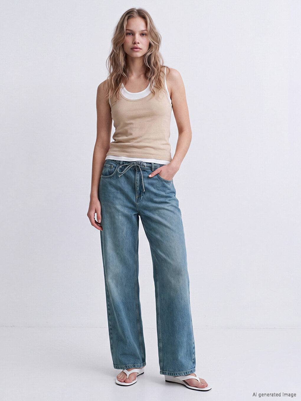 İndigo Beli Lastikli Wideleg Kadın Jean Pantolon