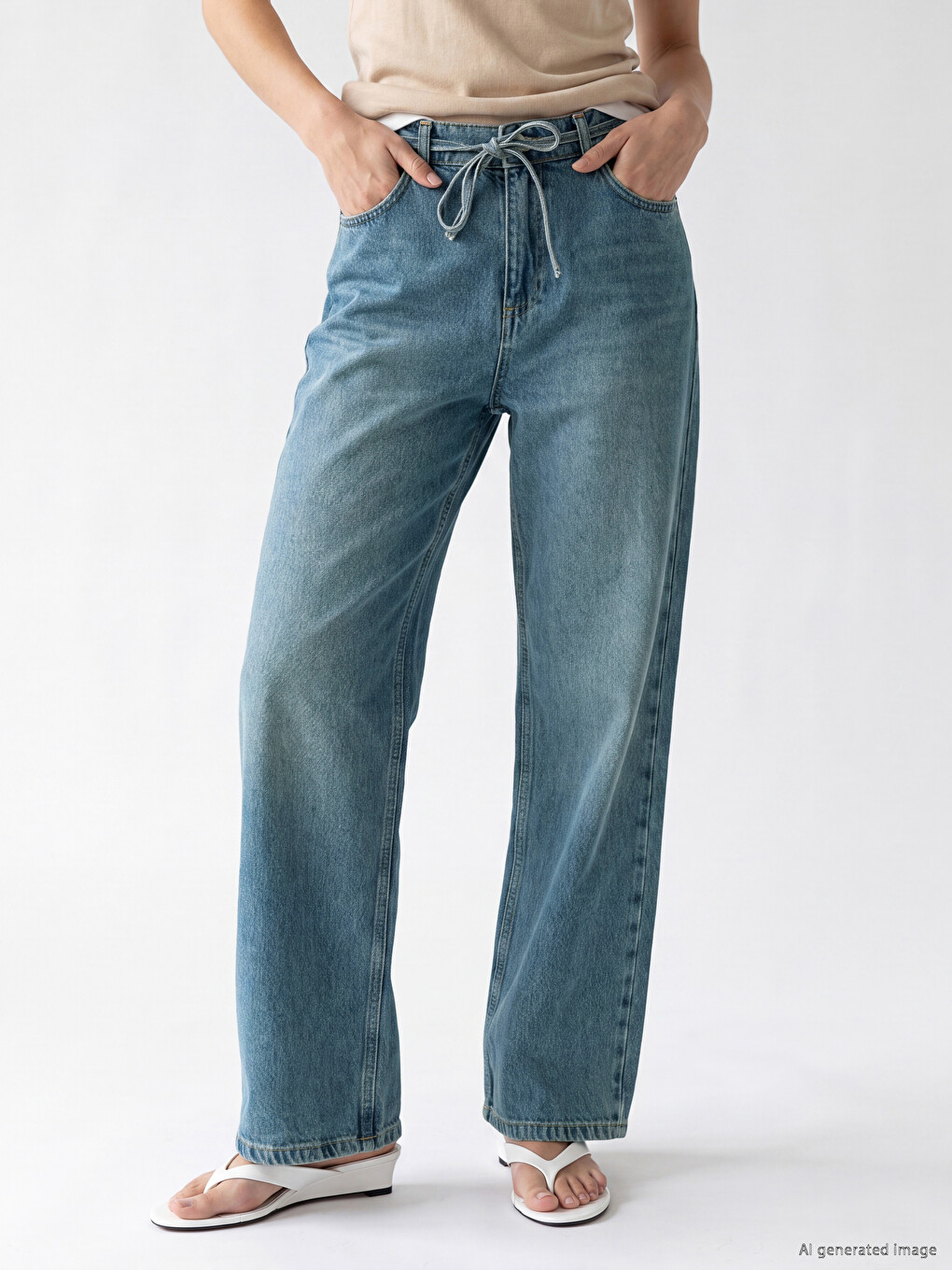 İndigo Beli Lastikli Wideleg Kadın Jean Pantolon-1