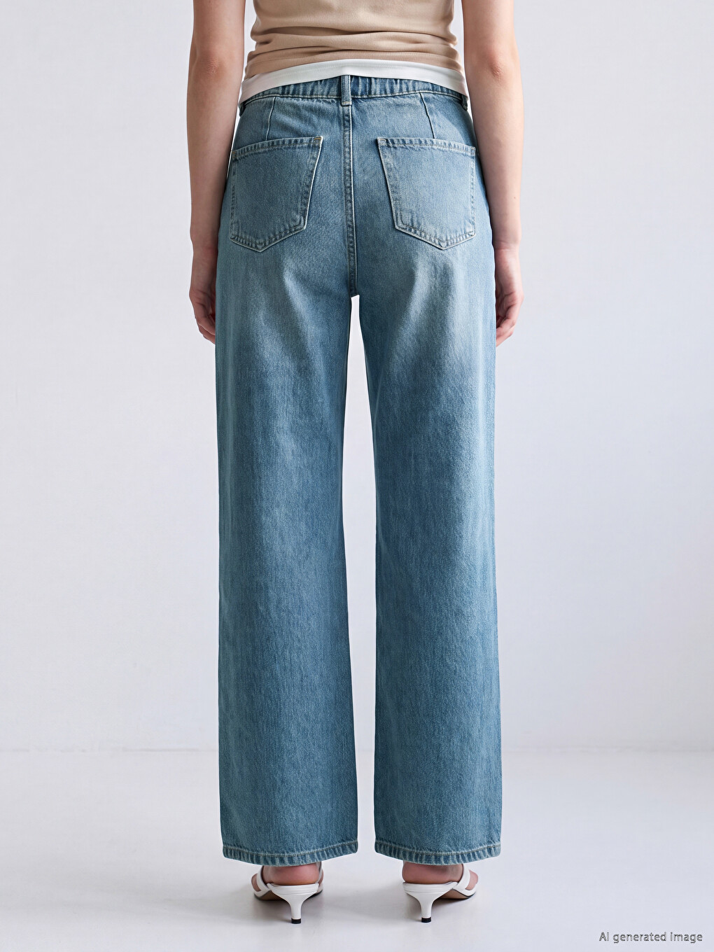 İndigo Beli Lastikli Wideleg Kadın Jean Pantolon-3