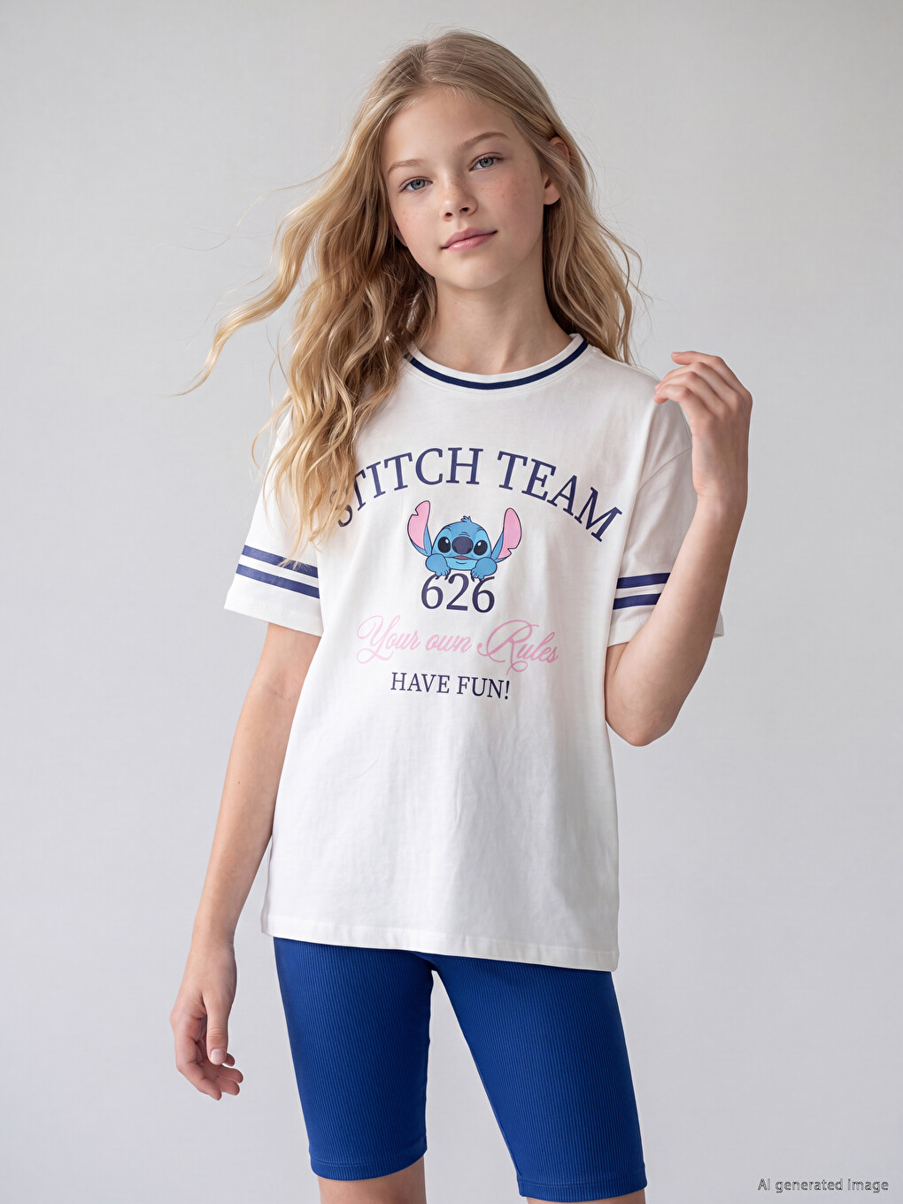 Beyaz Bisiklet Yaka Stitch Baskılı Kız Çocuk Pijama Üst