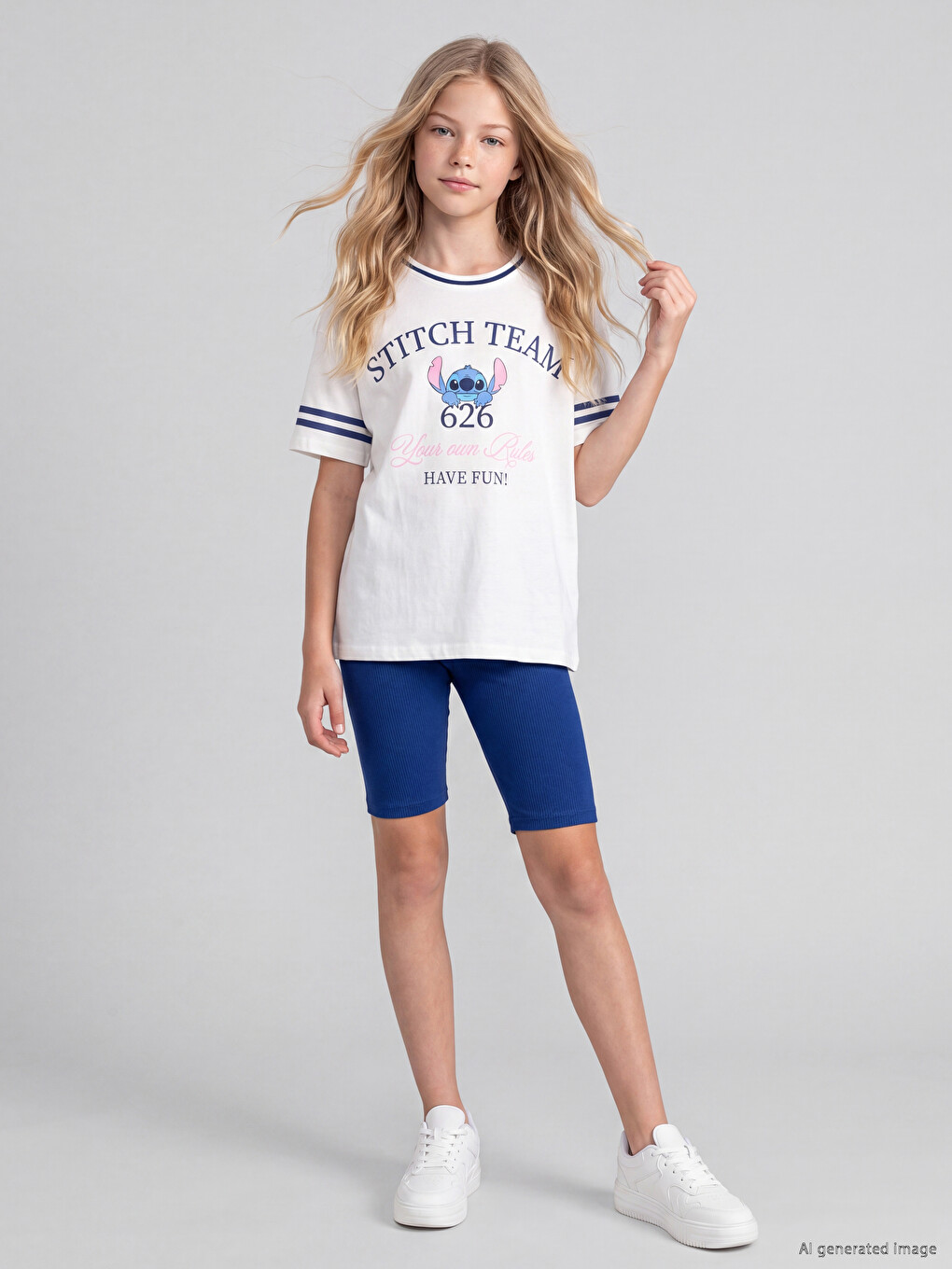 Beyaz Stitch Baskılı Kız Çocuk Şortlu Takım-1