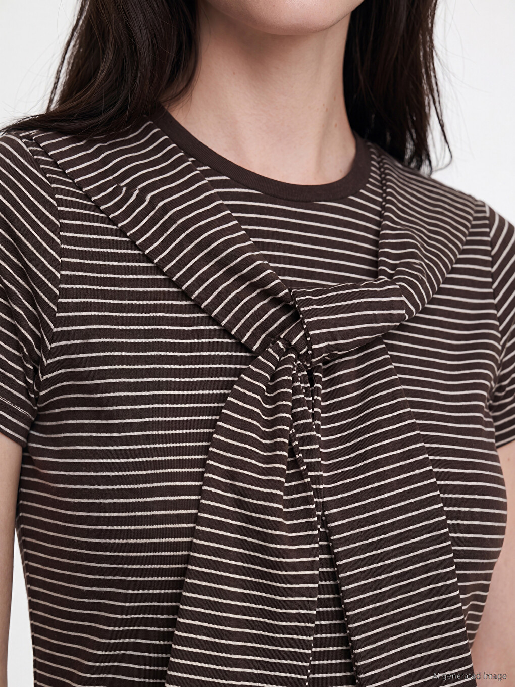 Kahverengi Bağlama Detaylı Çizgili Elbise-1