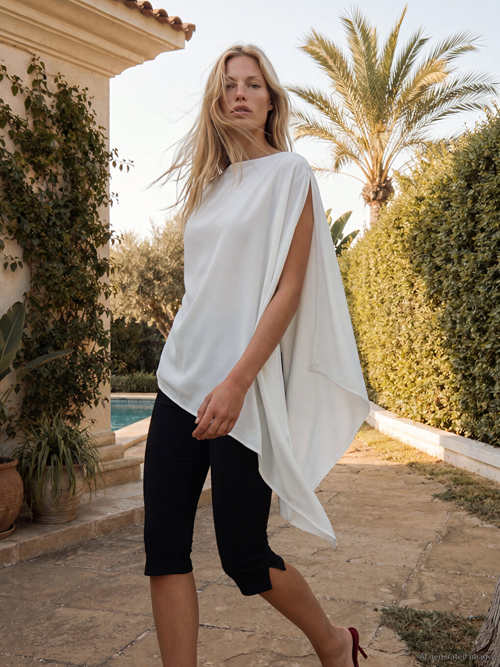 Beyaz Bisiklet Yaka Asimetrik Drapeli Pelerin Bluz