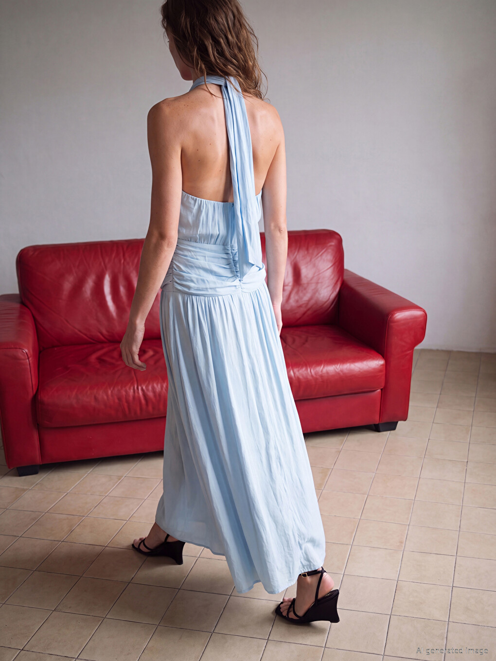 Lacivert Halter Yaka Büzgülü Elbise-3