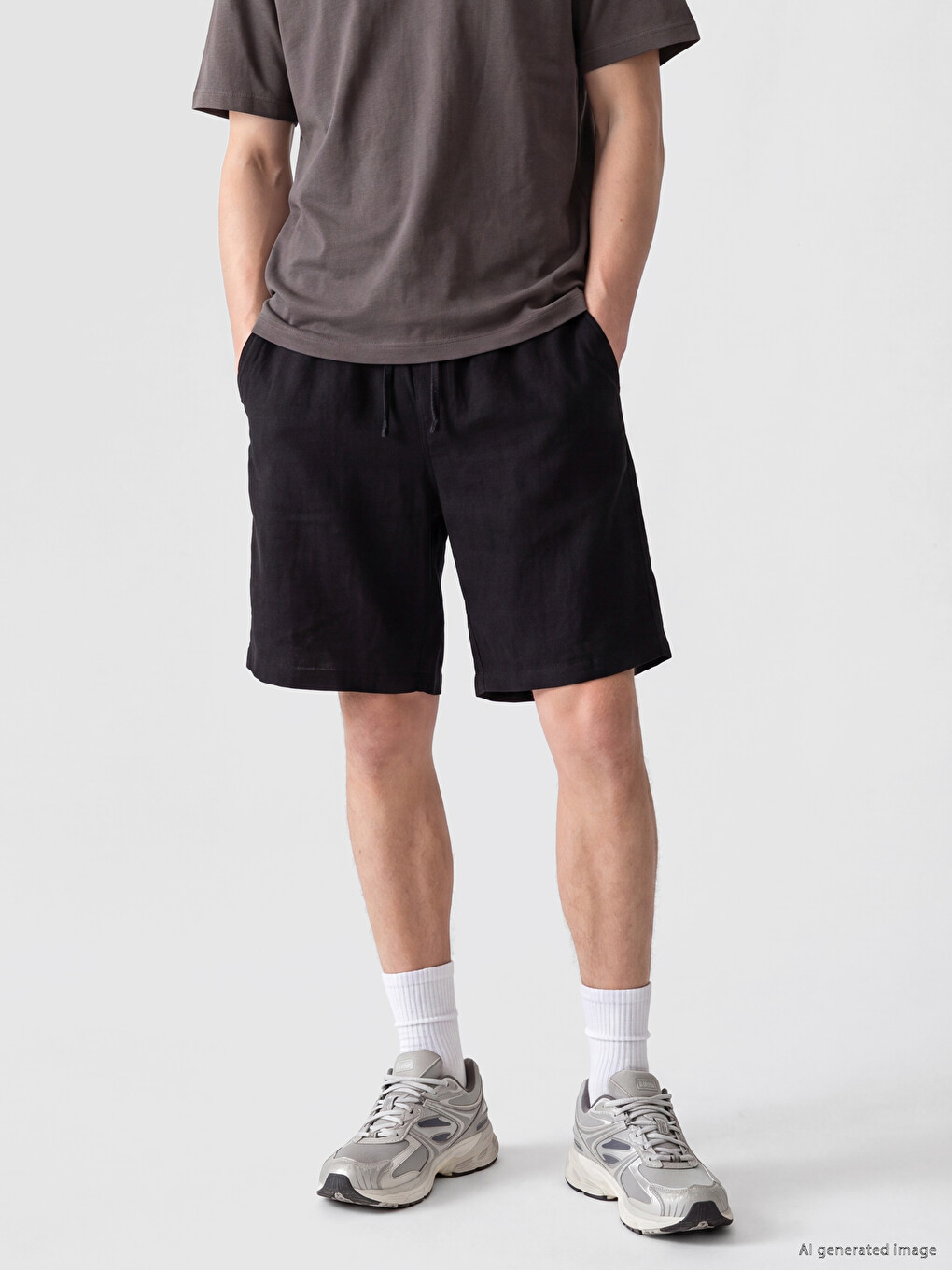Siyah Regular Fit Keten Karışımlı Erkek Şort