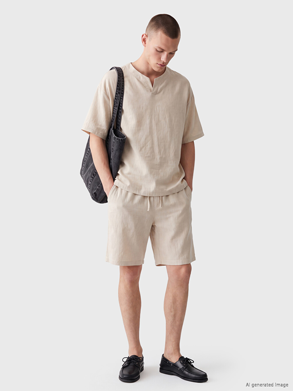Ekru Regular Fit Keten Karışımlı Erkek Şort-1