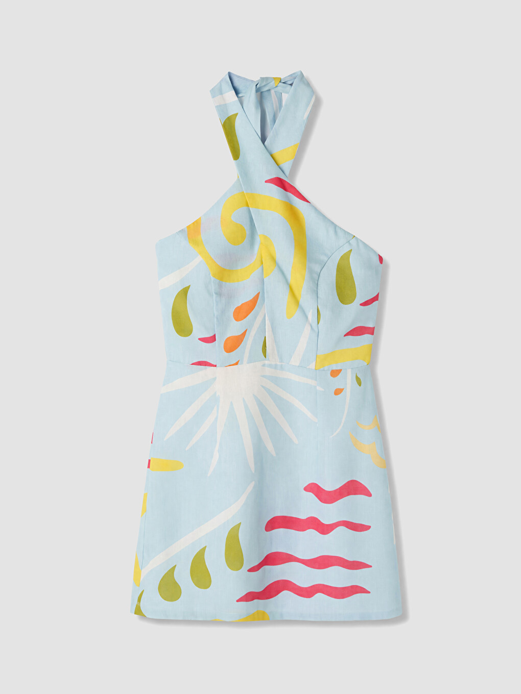 Mavi Halter Yaka Boyundan Bağlamalı Mini Elbise-3