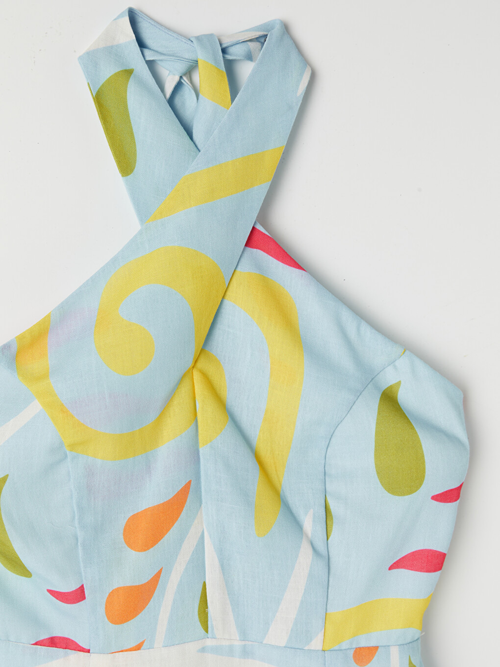 Mavi Halter Yaka Boyundan Bağlamalı Mini Elbise-4
