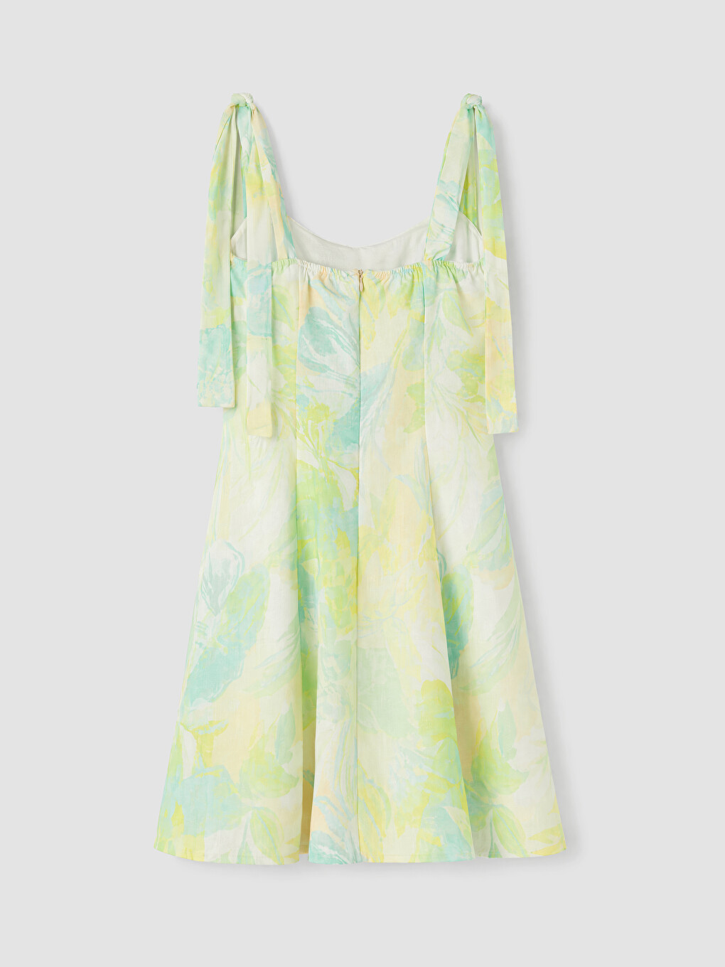 Sarı Kare Yaka Desenli Peplum Mini Elbise-1