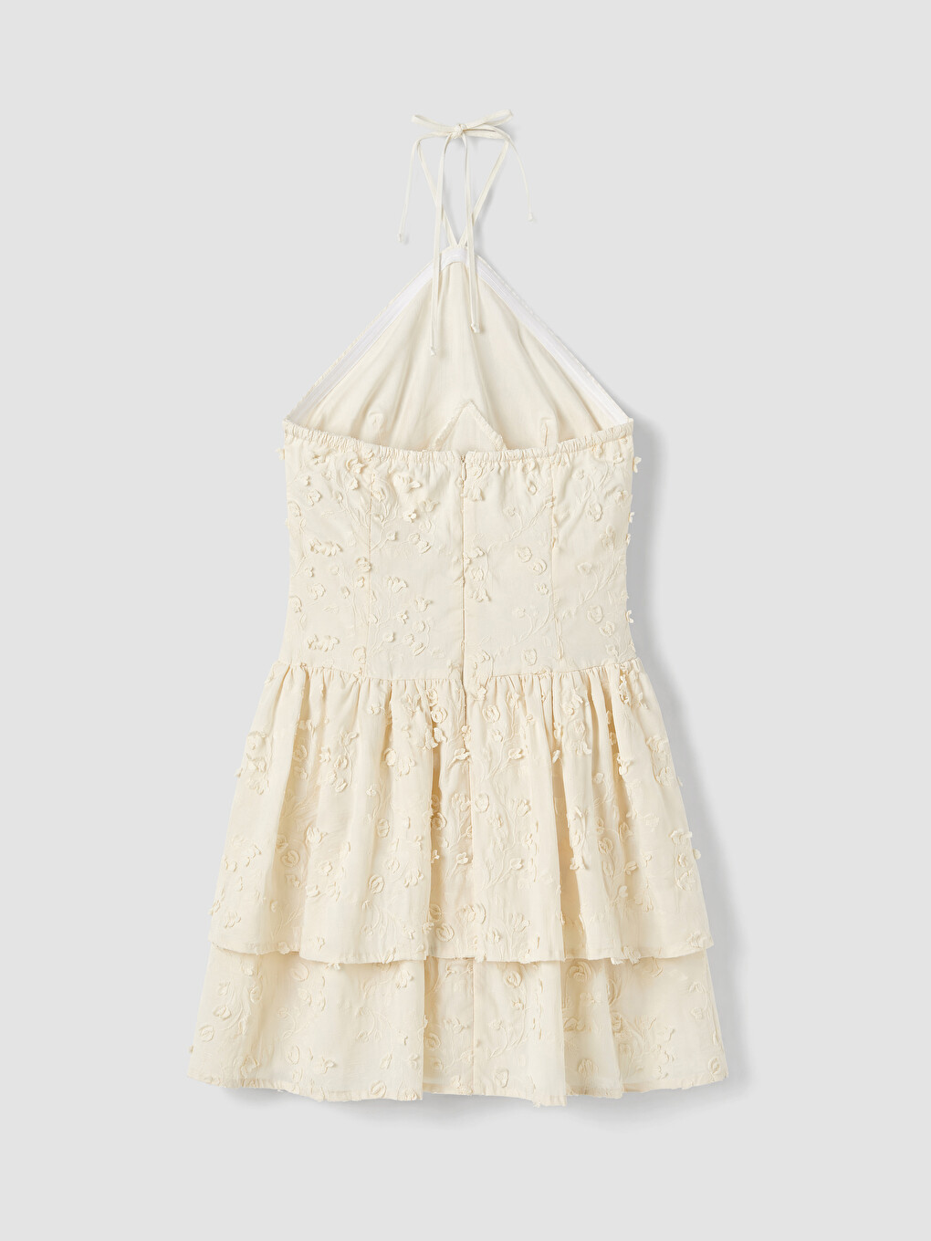 Ekru Halter Yaka Nakışlı Katkat Elbise-7