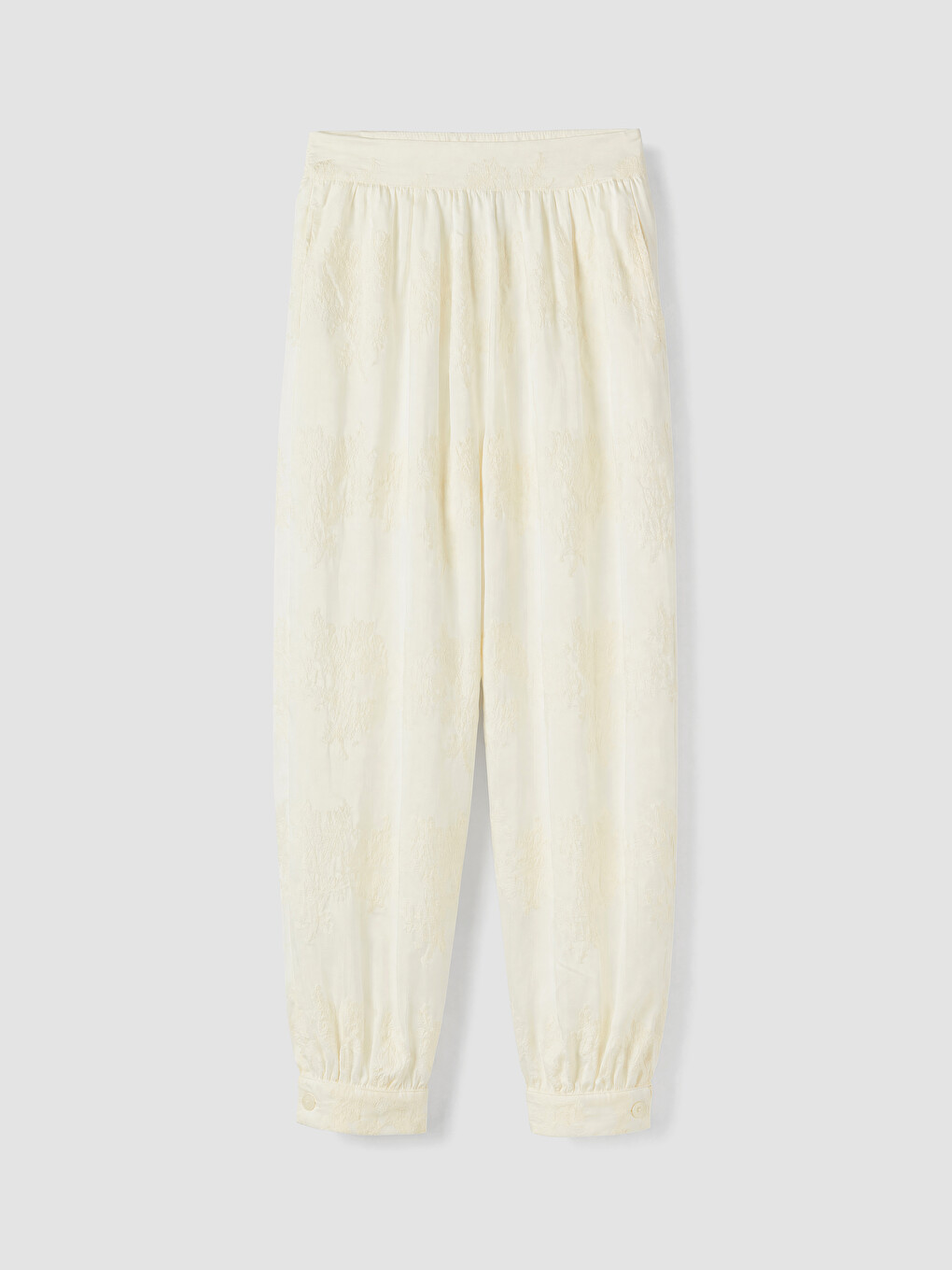 Ekru Beli Lastikli Nakışlı Kadın Pantolon-4