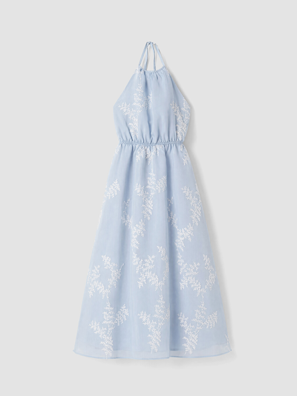 Mavi Halter Yaka Nakışlı Belden Oturtmalı Elbise-4