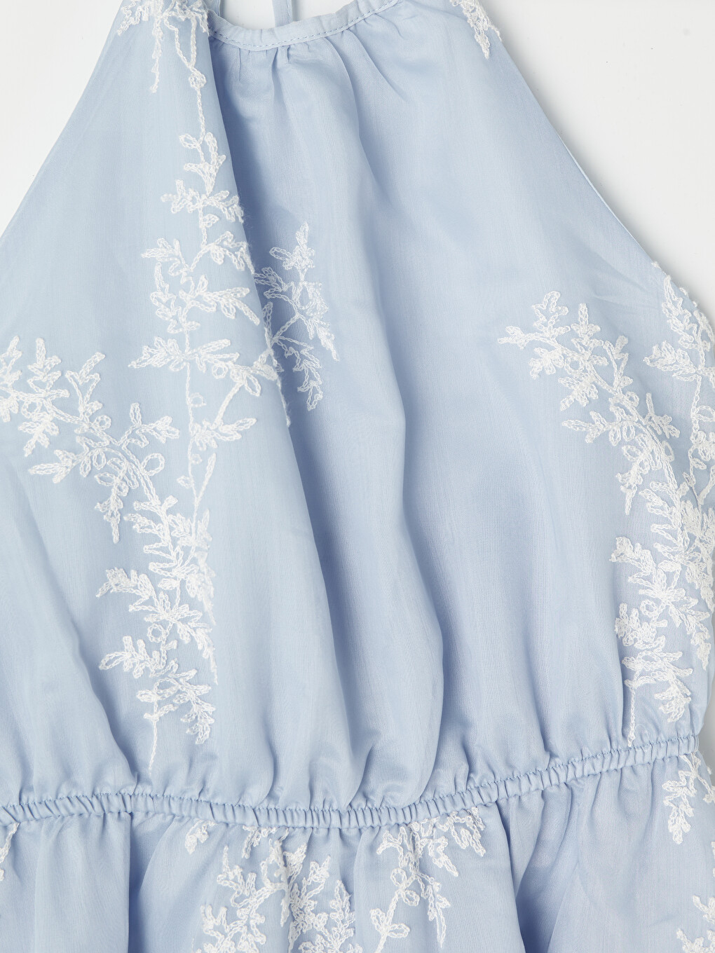 Mavi Halter Yaka Nakışlı Belden Oturtmalı Elbise-6