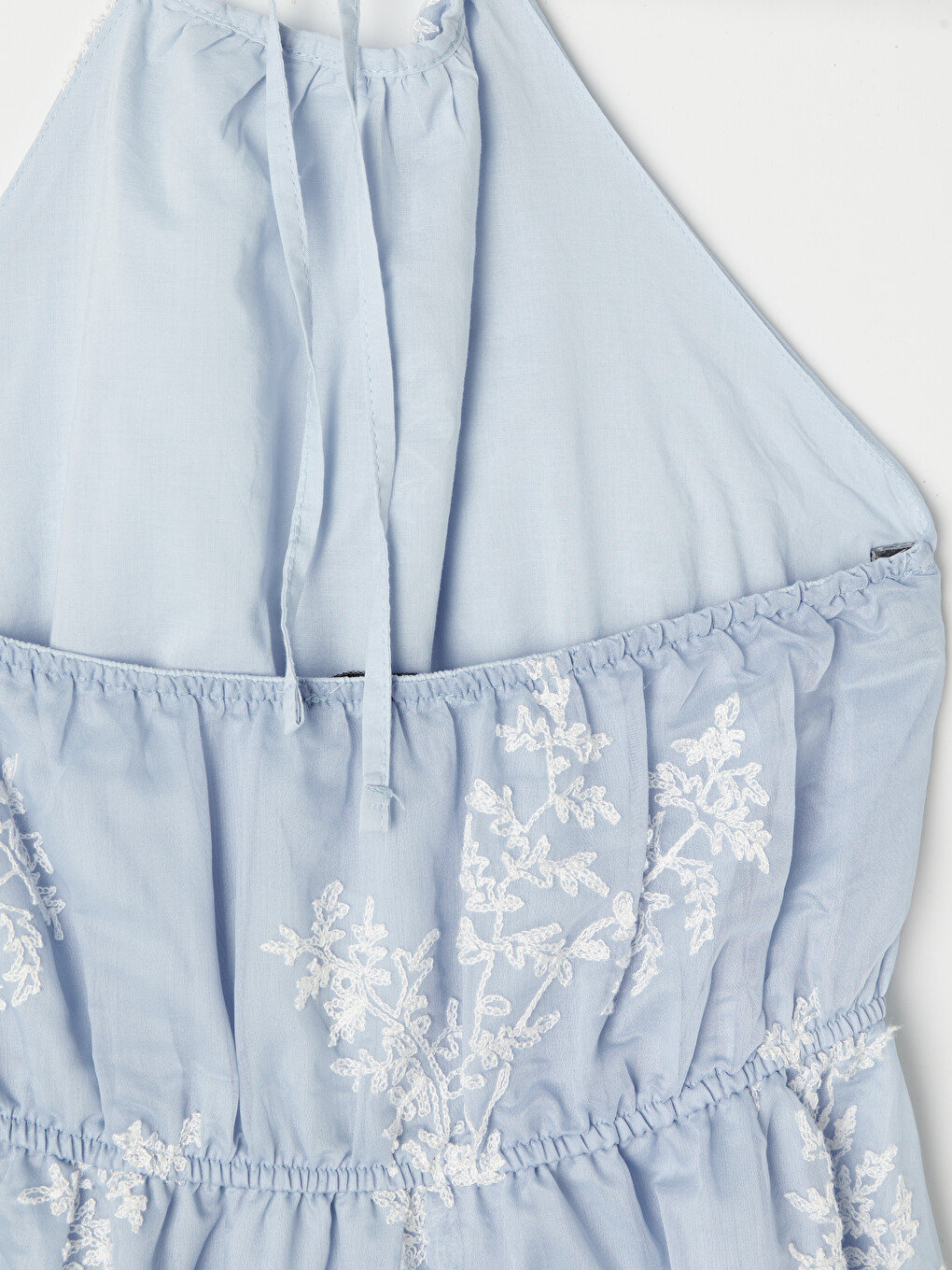 Mavi Halter Yaka Nakışlı Belden Oturtmalı Elbise-7