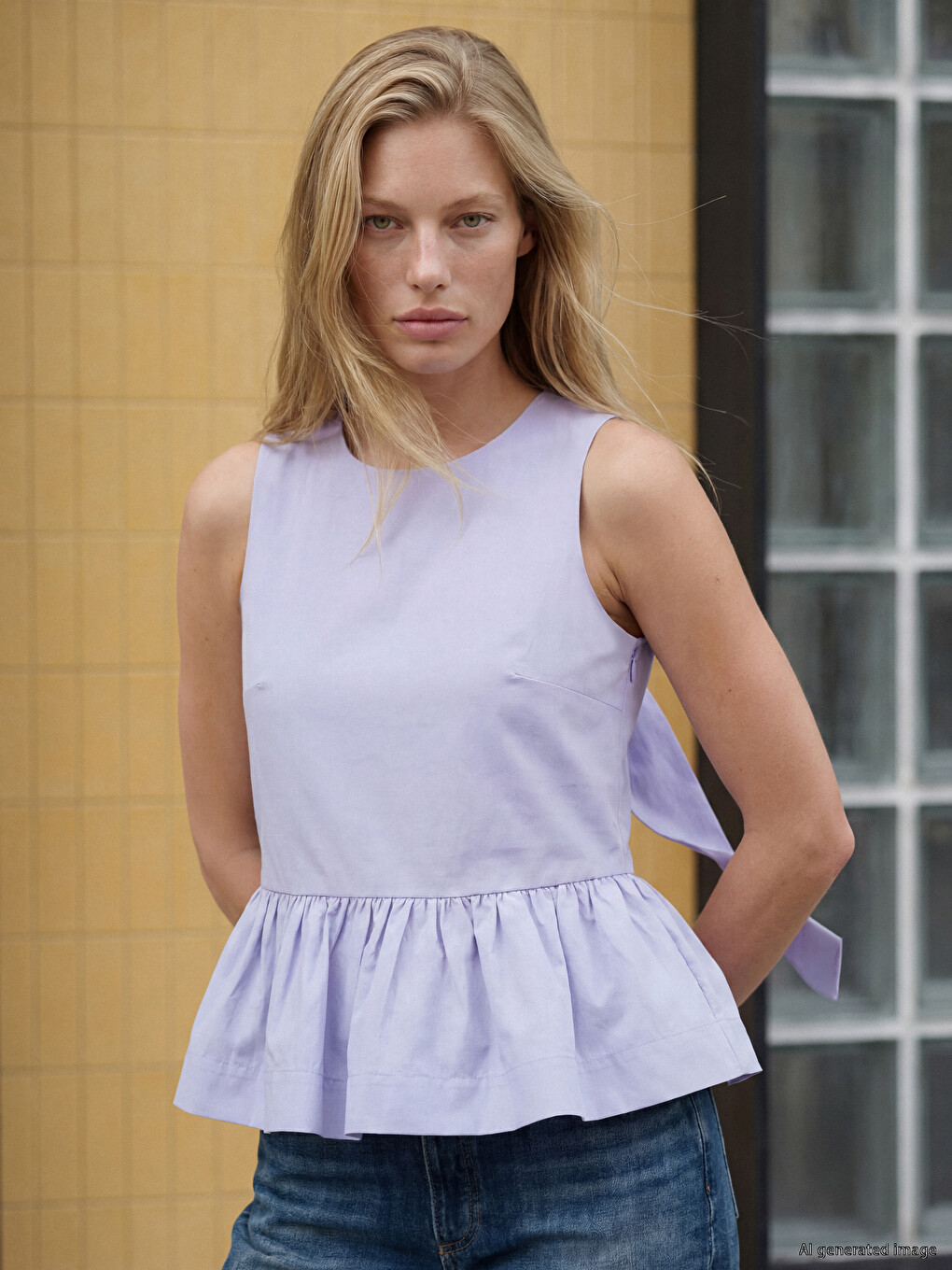 Lila Bisiklet Yaka Sırtı Bağlamalı Peplum Bluz