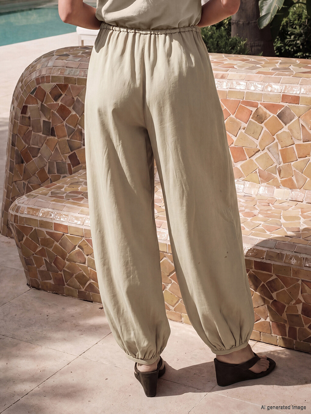 Bej Beli Lastikli Kadın Şalvar Pantolon-2
