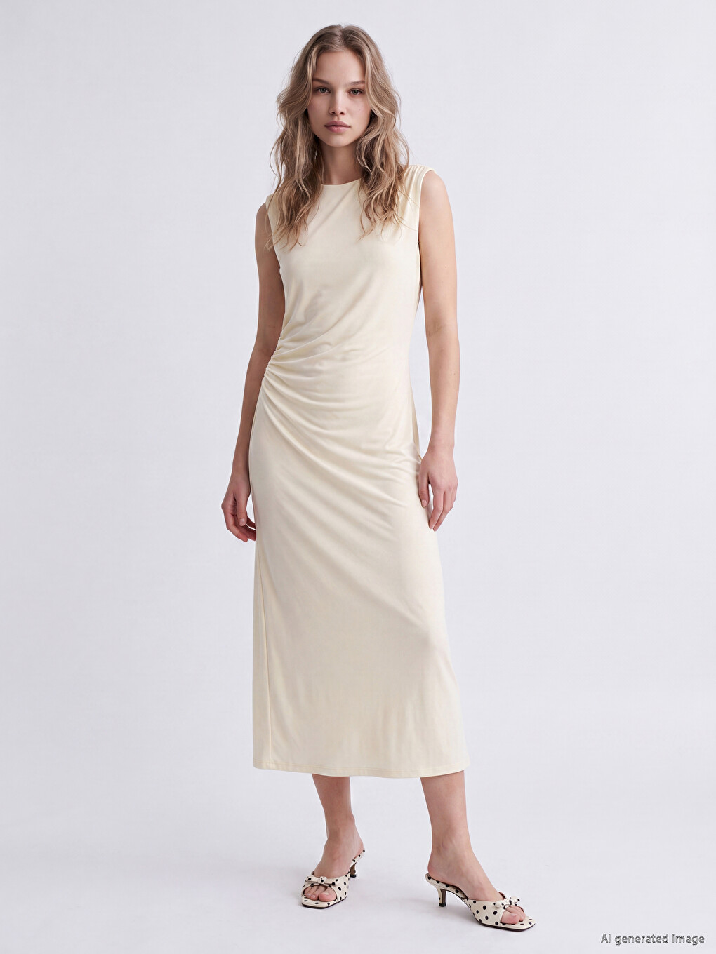 Rochie Slim Midi Cu Fronseuri Din Amestec De Modal Cu Guler Rotund Basic Pentru Femei