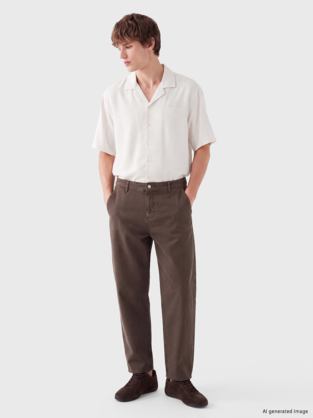 Ekru Loose Fit Nakışlı Erkek Gömlek