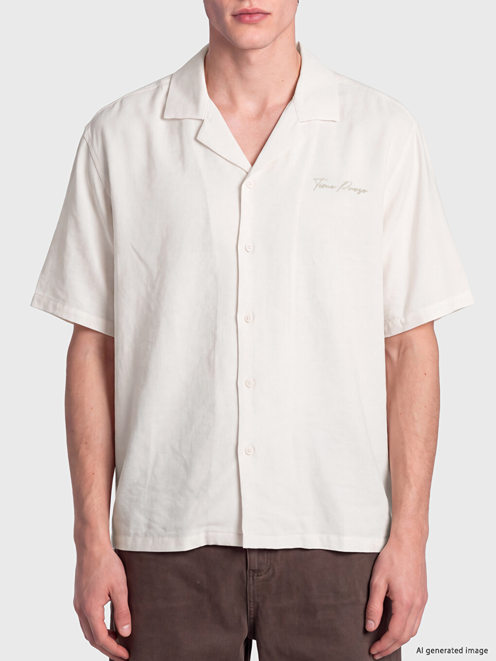 Ekru Loose Fit Nakışlı Erkek Gömlek-1