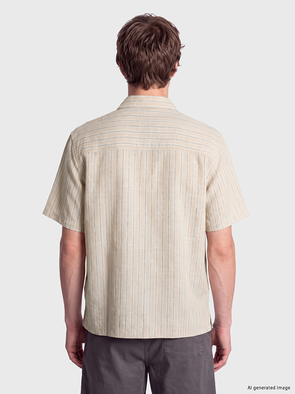 Ekru Loose Fit Çizgili Erkek Gömlek-2
